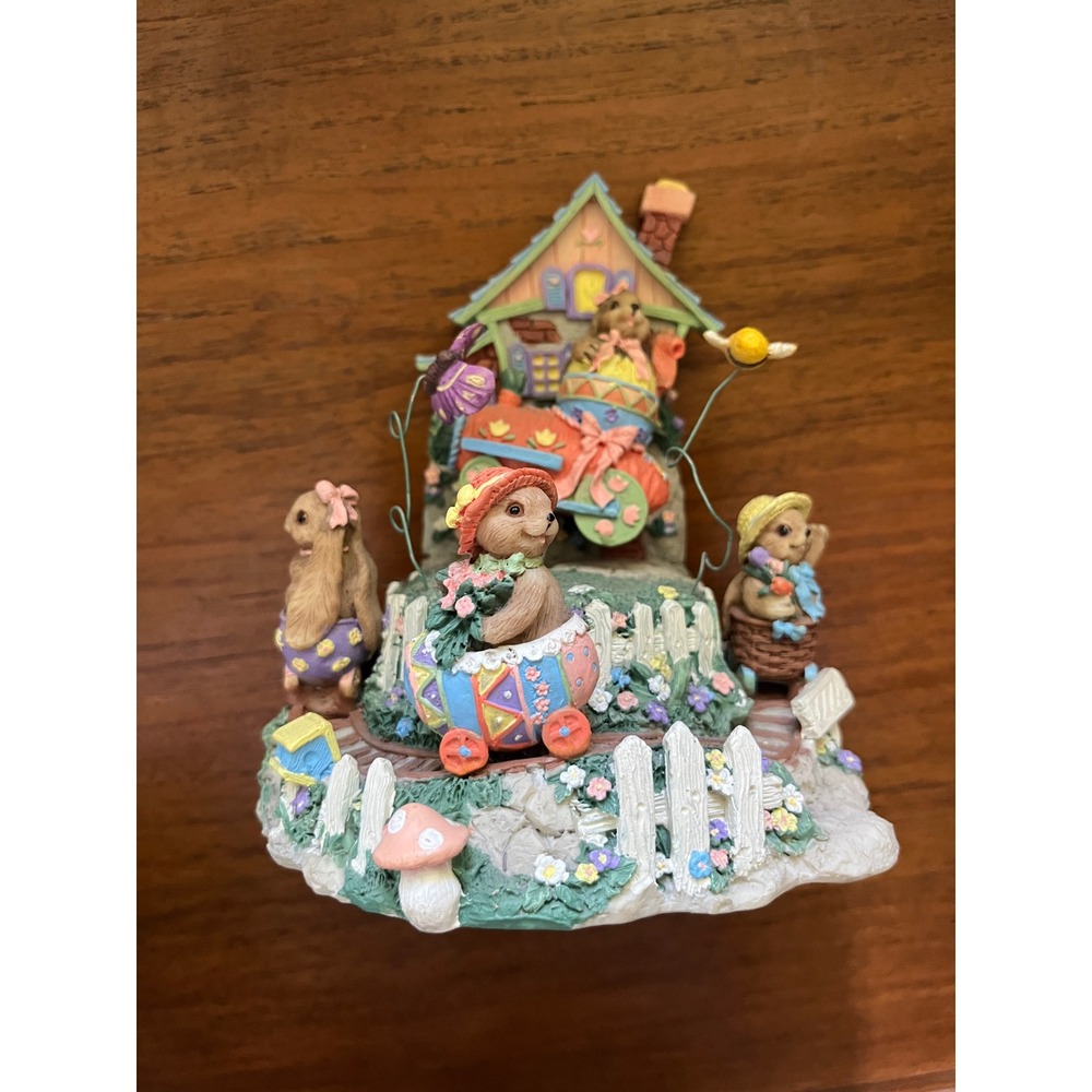 Vintage Easter Bunny Music Box Rabbit Cottage Moving Figurine